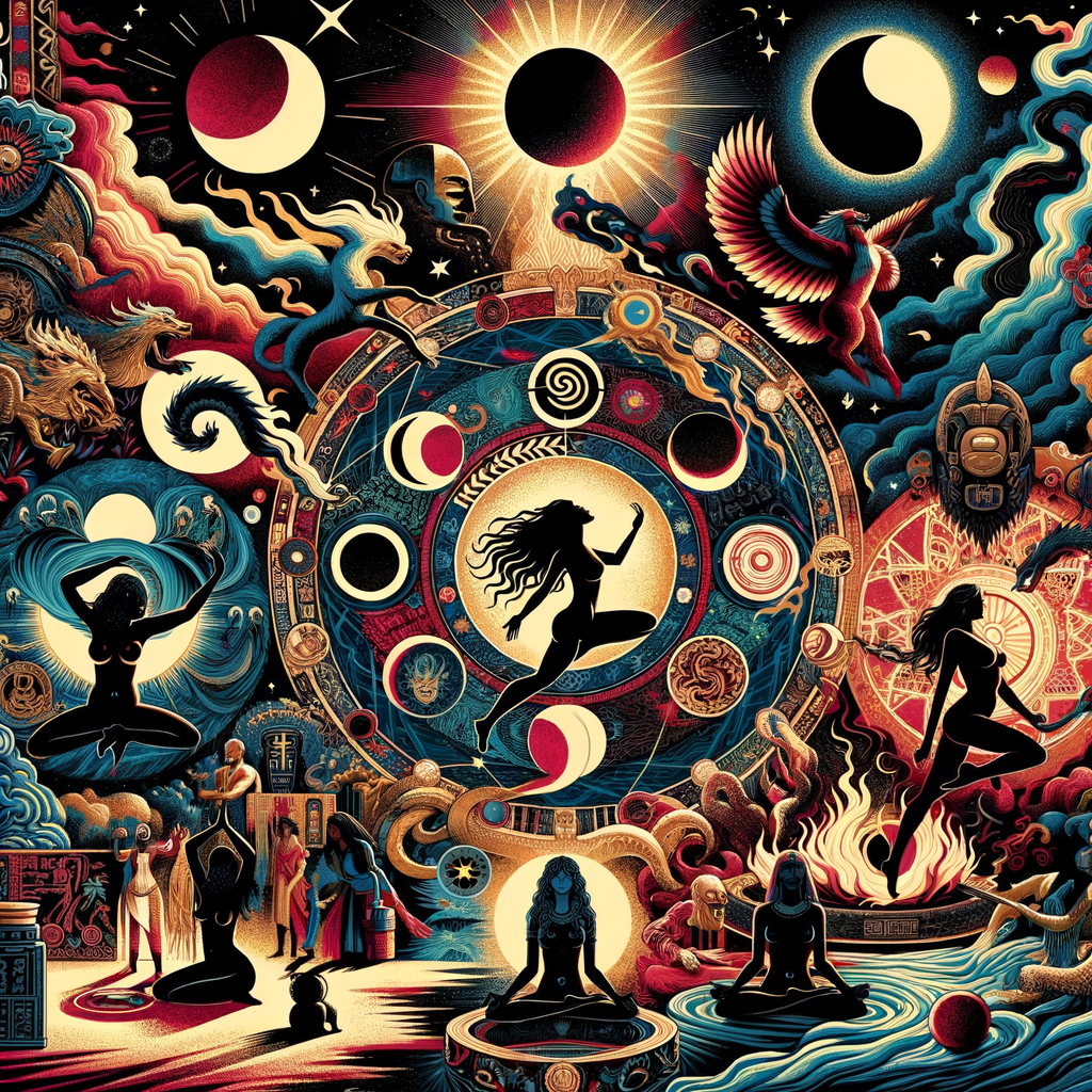 Image Prompt: A collage of different cultural depictions of lunar eclipses, including Egyptian, Hindu, Native American, Chinese, and Mayan interpretations.