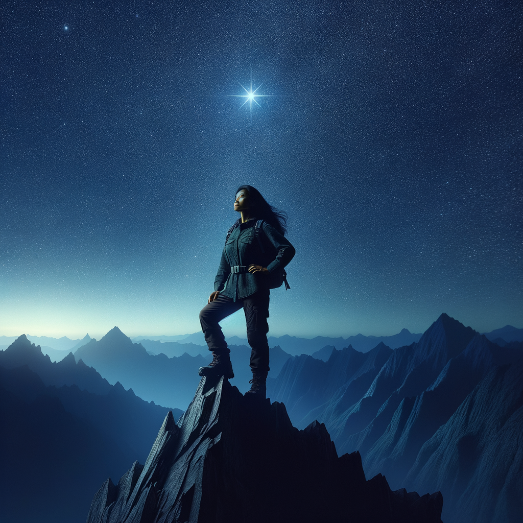 Discover the Spiritual Power of the North Star 9 📌 Image Prompt: A person standing on a mountain peak, looking up at the North Star with confidence.