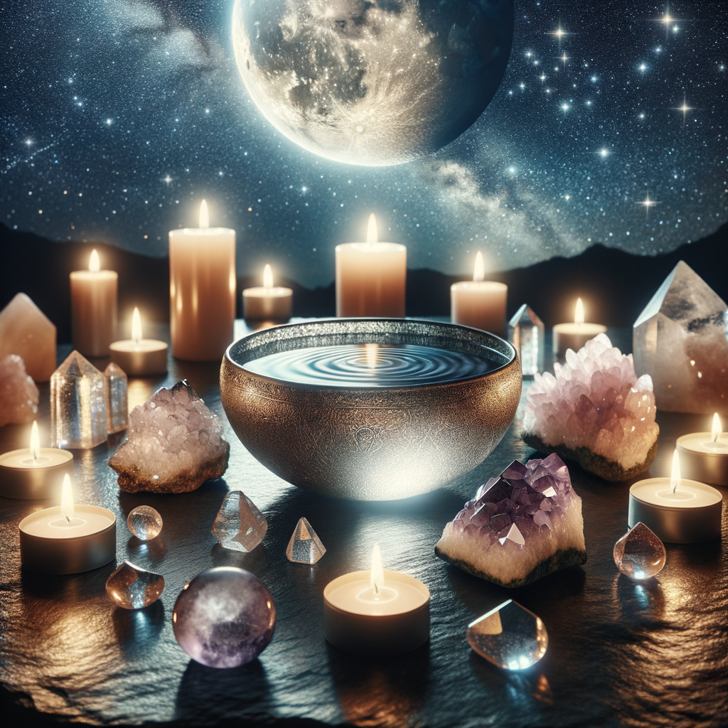 Image Prompt: A sacred altar with candles, crystals, and moon water under an eclipsed moon