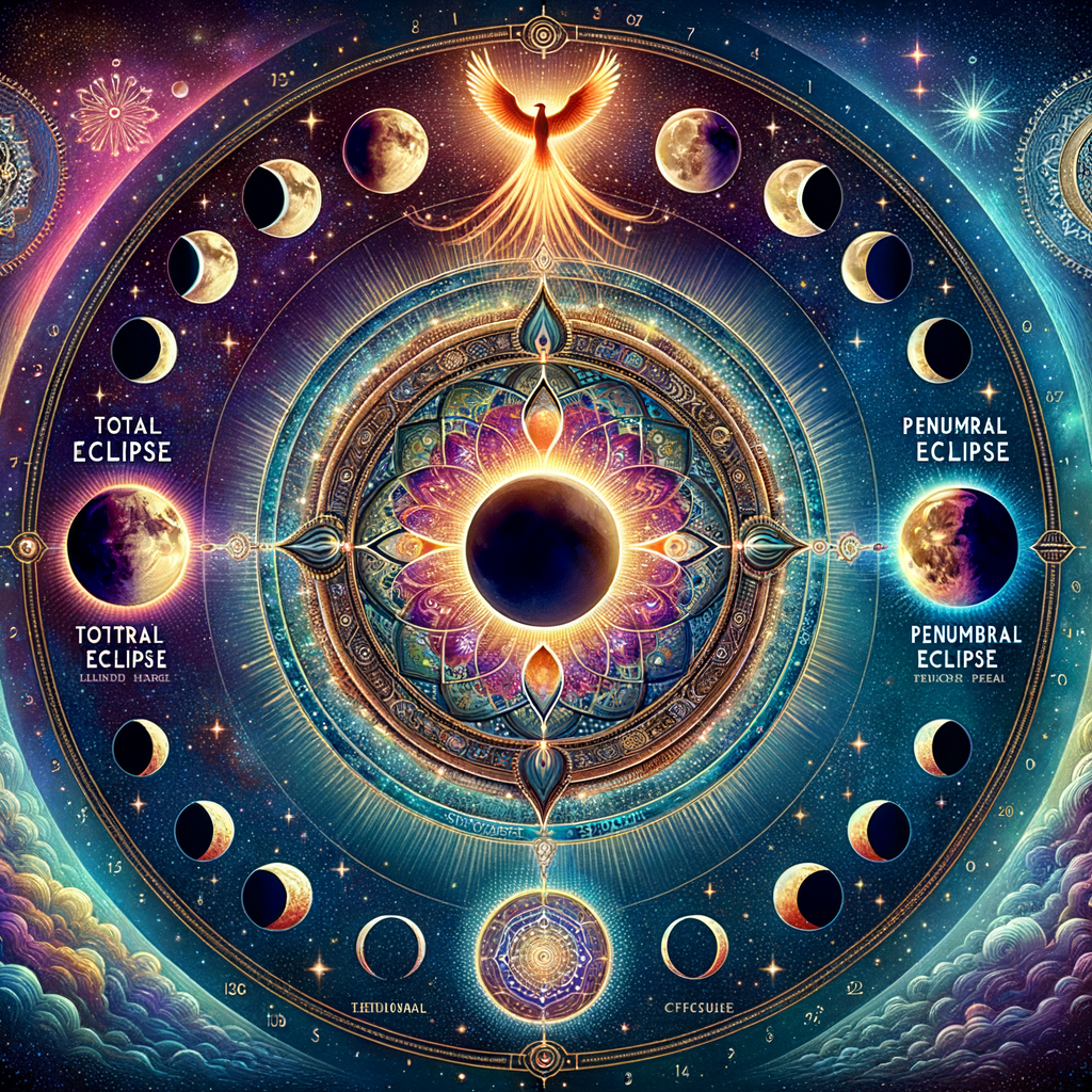 Image Prompt: A detailed illustration showing the three types of lunar eclipses with spiritual symbols overlaying them.