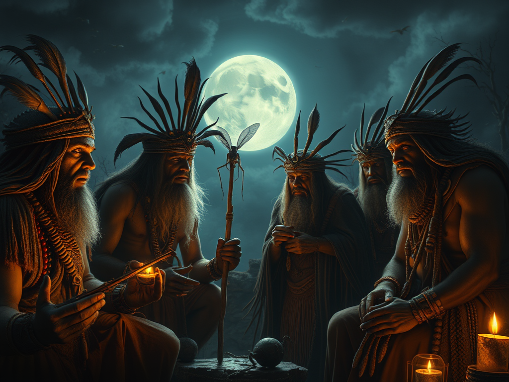 Mites in Ancient Beliefs: A depiction of ancient shamans observing mites under moonlight, interpreting their presence.