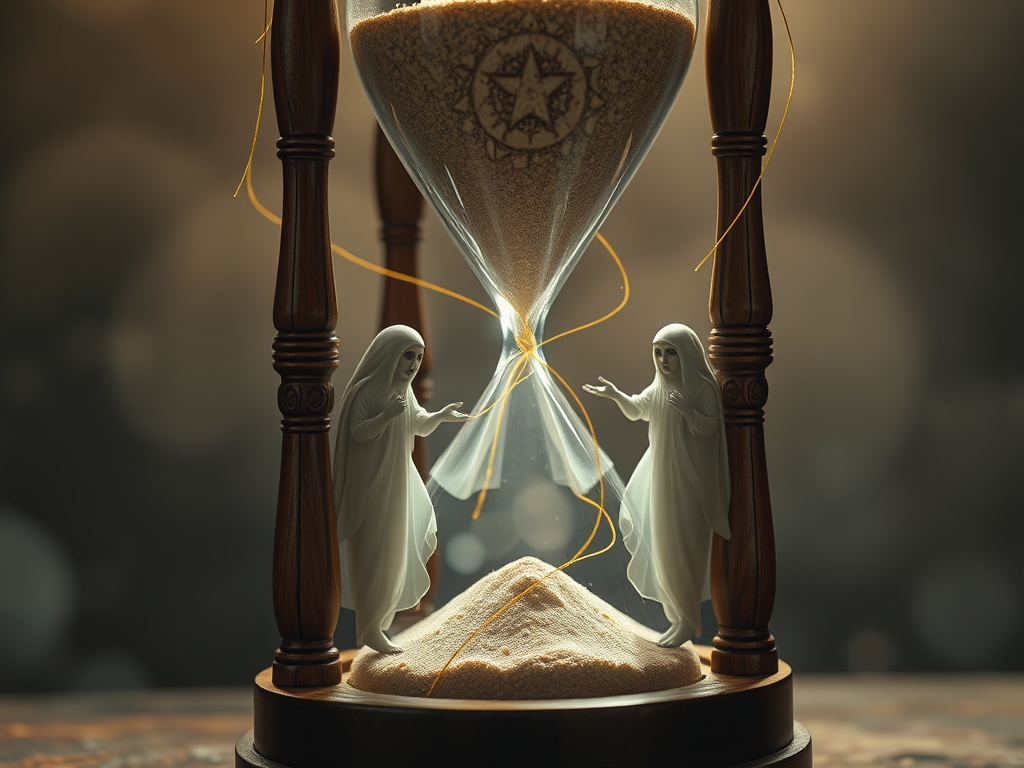 ⚔️ Norse Beliefs: The Flow of Fate
Image Prompt: A Viking-style wooden hourglass surrounded by three ethereal, ghostly figures (the Norns, weavers of fate) spinning golden threads that connect to the falling sand.