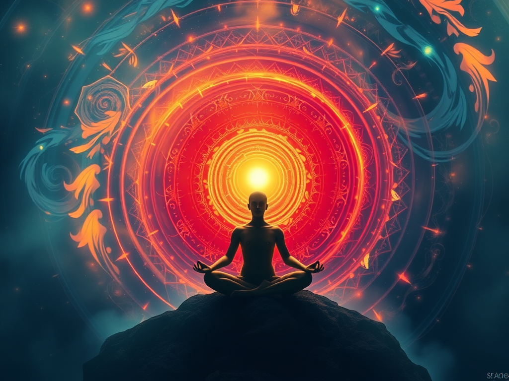The Spiritual Meanings and Power of Spirals: Evolution and Infinity 8 Spirals in Meditation and Healing Practices: A meditation scene with spiral energy surrounding a meditating figure.