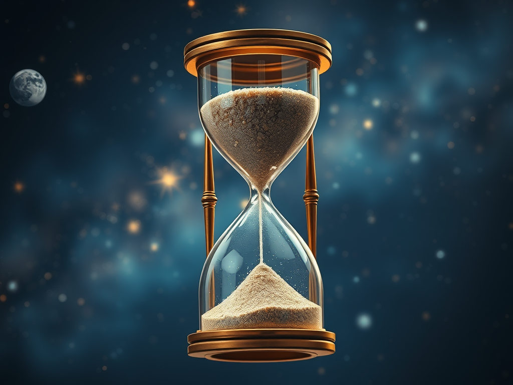🔮 The Hourglass and Destiny
Image Prompt: A celestial hourglass floating in space, with constellations swirling around it. The sand inside appears to form shifting patterns of sacred symbols, hinting at destiny and fate.

