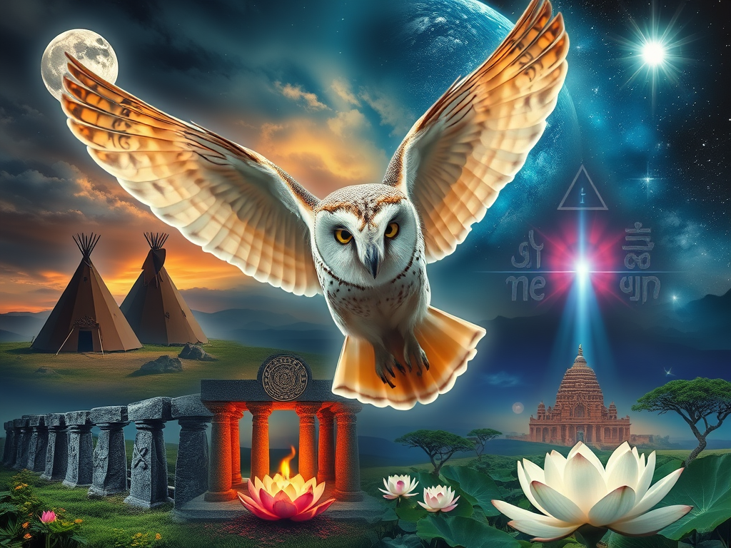 1. 🕊️ The Barn Owl in Global Folklore and Mythology
Image Prompt:
A mystical collage of cultural scenes featuring a barn owl flying over ancient landmarks—a Native American tipi under moonlight, Celtic standing stones with glowing runes, a Hindu temple with lotus blossoms, and an African savanna under starlight. The owl connects all scenes, its wings shimmering with spiritual energy.