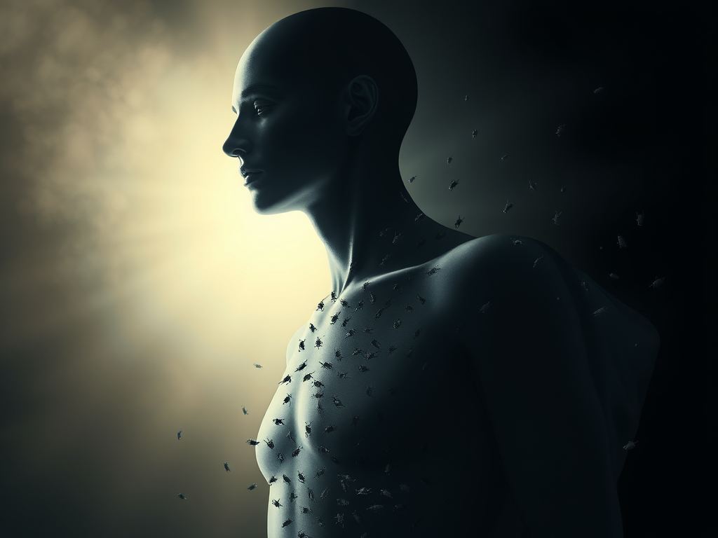 2. Ticks and Energy Vampires
Prompt:
An abstract representation of a human figure with light being drained from the body by small dark shadowy entities resembling ticks. Background shows a contrast between light and darkness, symbolizing energy depletion and boundaries. Mood: dramatic, symbolic, spiritual.

