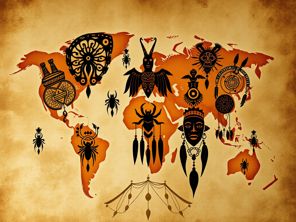 3. Cultural Interpretations of Ticks
Prompt:
A world map blended with tribal symbols, totems, and tick-like figures across continents. Include Native American dreamcatchers, African tribal masks, Japanese symbols, and Celtic spirals. Each cultural element merges with a silhouette of a tick. Mood: educational, multicultural, deep.

