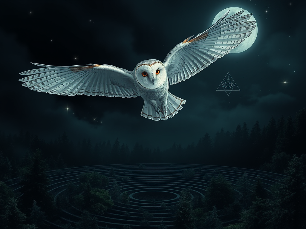 3. 🌌 Nocturnal Insight: Navigating the Darkness
Image Prompt:
A barn owl soaring through a dark, moonlit sky with its wings outlined in silver light. Below is a labyrinth in the forest floor, symbolizing the journey through mystery and darkness. Constellations and the third eye symbol glow faintly in the stars.

