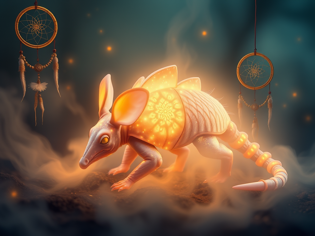 🛡️ Unlocking the Spiritual Wisdom of the Armadillo 12 4. Armadillo as a Spirit Animal and Totem
Recognition of the Armadillo Spirit
Prompt: An ethereal armadillo glowing softly, appearing in a mystical mist, with dreamcatchers and spiritual runes floating around it.