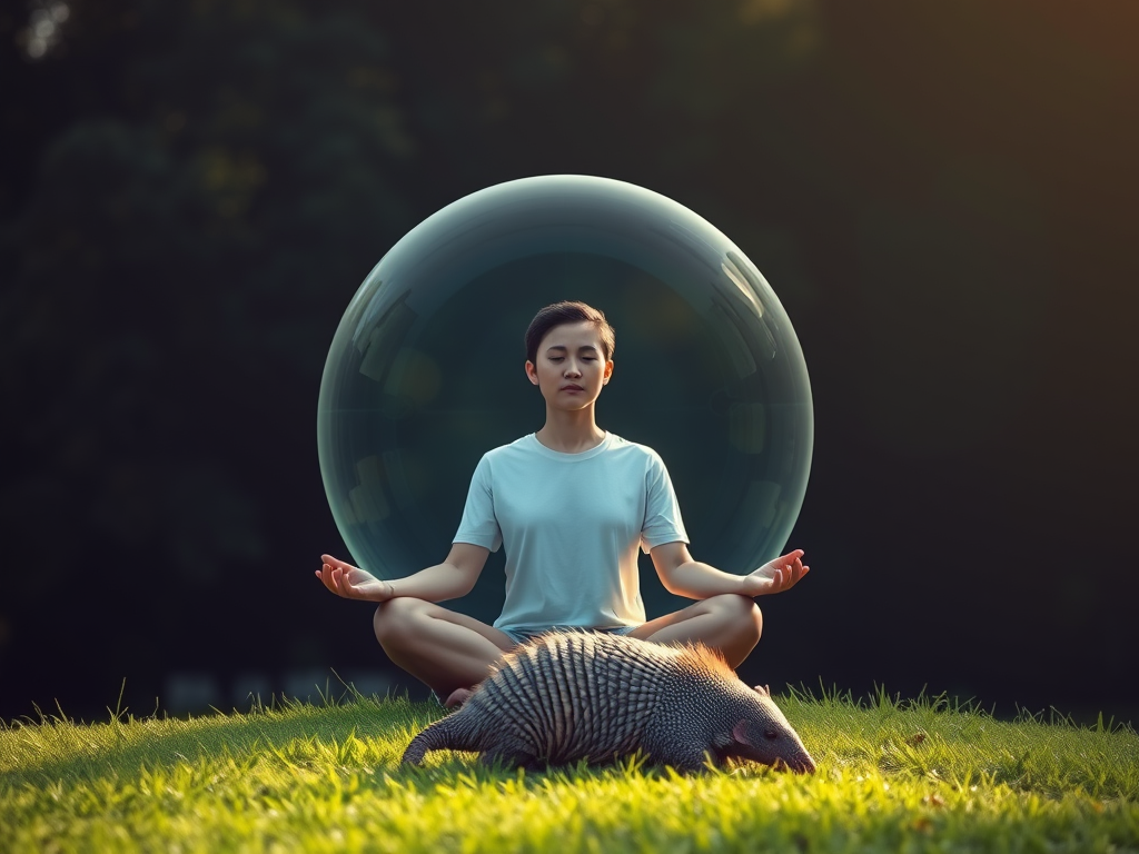 🛡️ Unlocking the Spiritual Wisdom of the Armadillo 13 5. Integrating Armadillo Wisdom into Daily Life
Mindfulness Practices
Prompt: A person sitting cross-legged on grass in deep meditation with a translucent spiritual shell surrounding them and an armadillo resting nearby in peaceful harmony.