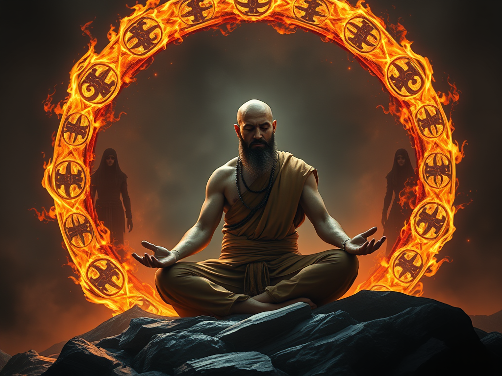 5. Setting Spiritual Boundaries
Prompt:
A spiritual warrior or monk meditating within a glowing protective circle made of fire, light, or crystals, with shadowy figures (symbolizing negative energy) being held at bay. Include ancient sigils and protective runes in the background. Mood: empowering, focused, sacred.

