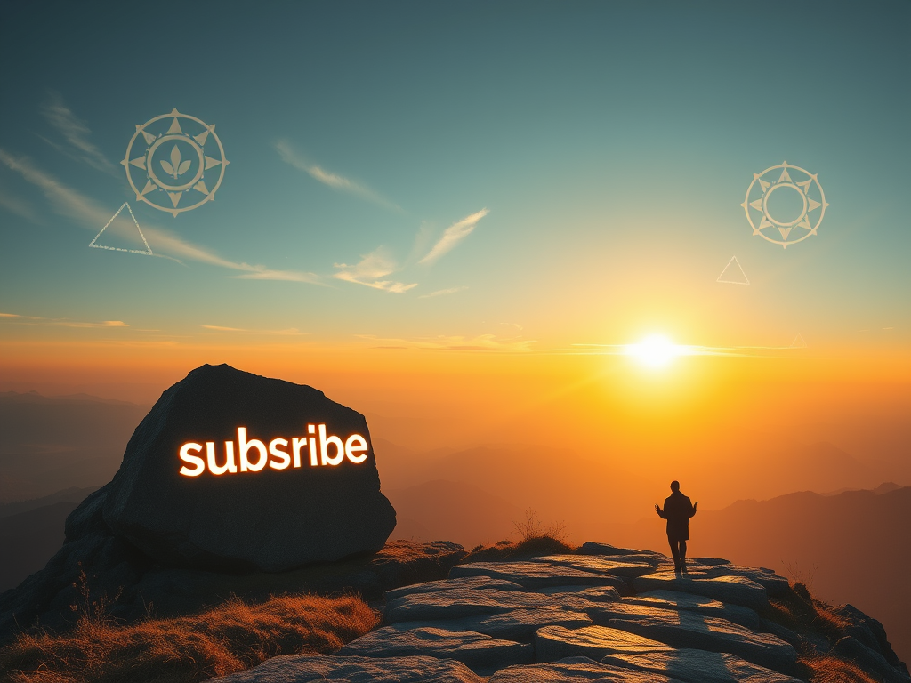 8. Conclusion + Subscribe
Prompt:
A sunrise over a peaceful mountaintop with a glowing "subscribe" symbol carved in stone. A lone spiritual figure is walking toward the light, surrounded by floating icons of wisdom, knowledge, and protection. Mood: inspirational, hopeful, transformative.