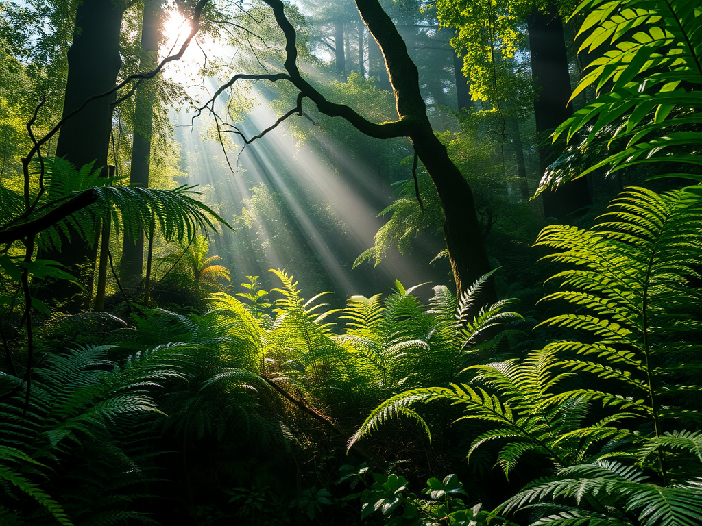 A mystical forest with ancient ferns unfurling under dappled sunlight, evoking a sense of ancient wisdom and hidden blessings.