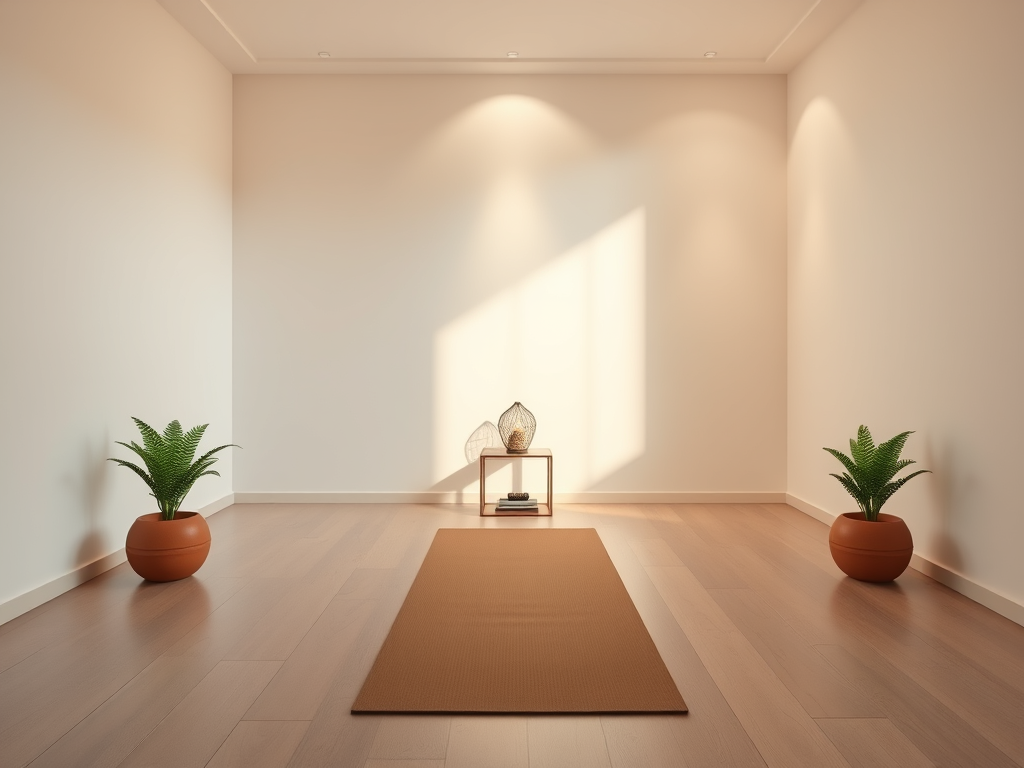 A peaceful indoor meditation space with a yoga mat, soft light, green ferns in clay pots, and a small spiritual altar in the corner.