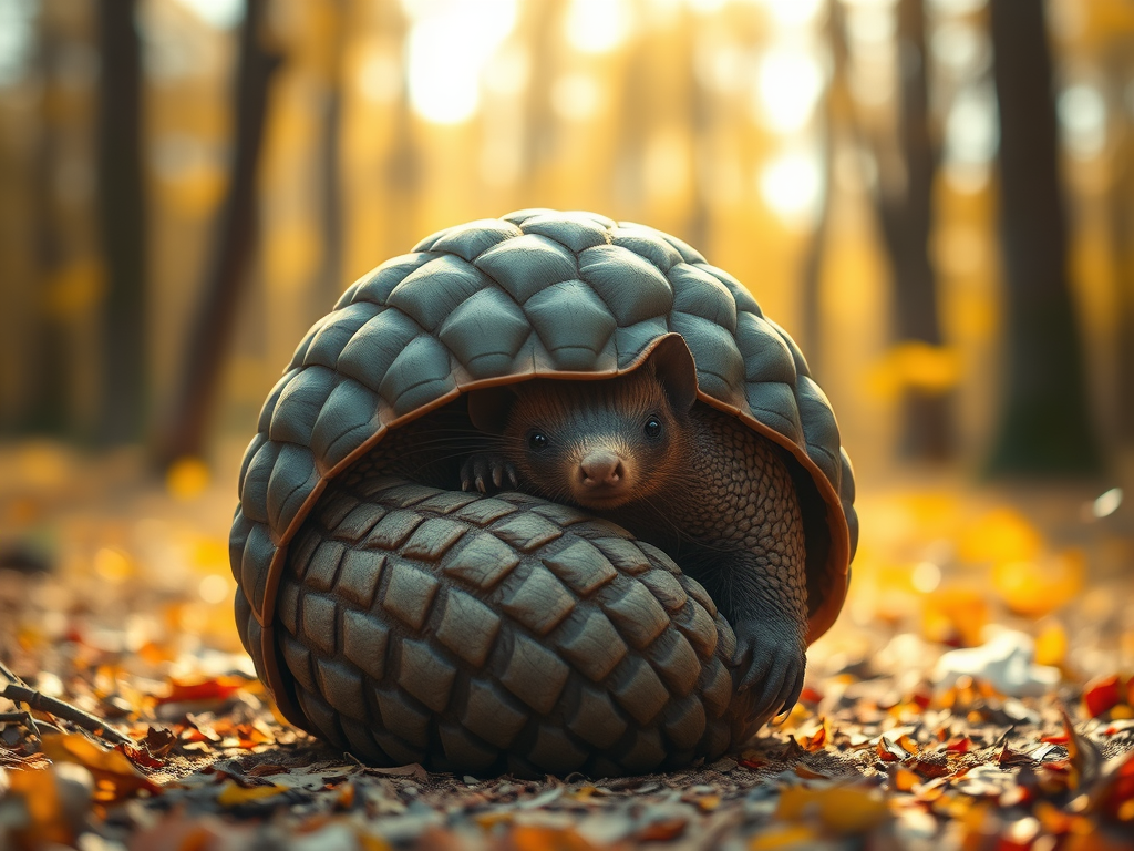 🛡️ Unlocking the Spiritual Wisdom of the Armadillo 3 A serene armadillo curled into a protective ball amidst a tranquil, golden-hued forest, symbolizing self-protection and inner strength.