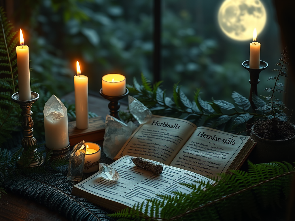 A Wiccan altar decorated with fern fronds, candles, quartz crystals, and a herbal spell book, glowing softly under moonlight.