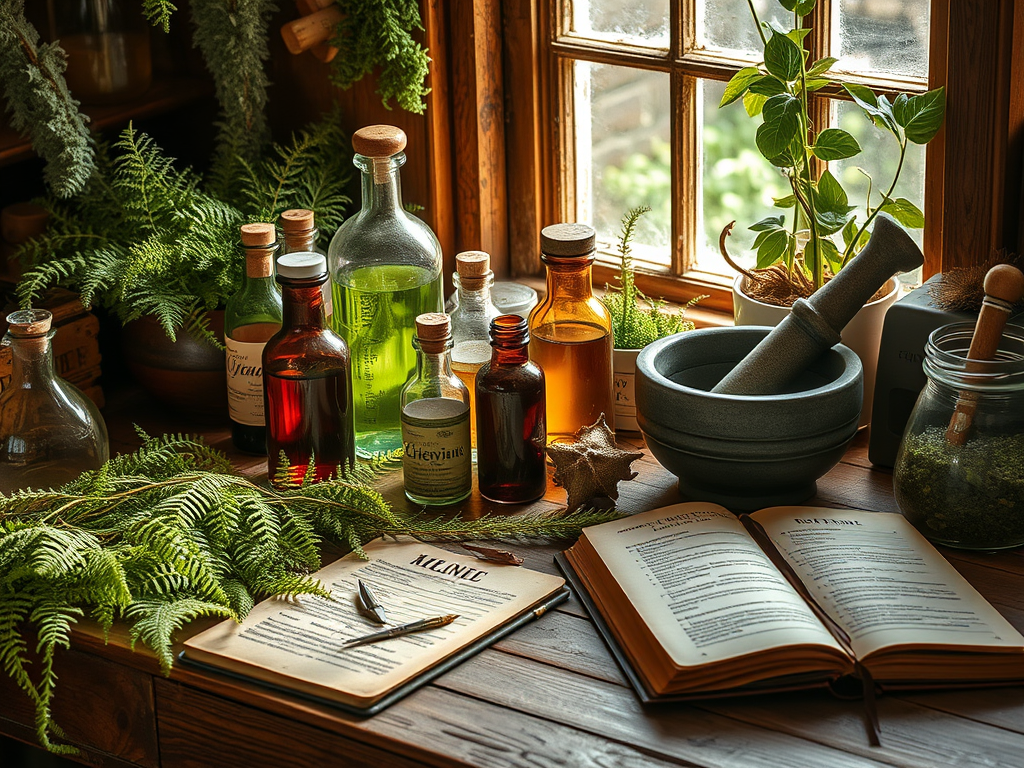 An apothecary-style herbalist table with dried ferns, glass tincture bottles, mortar and pestle, and a journal of medicinal recipes.