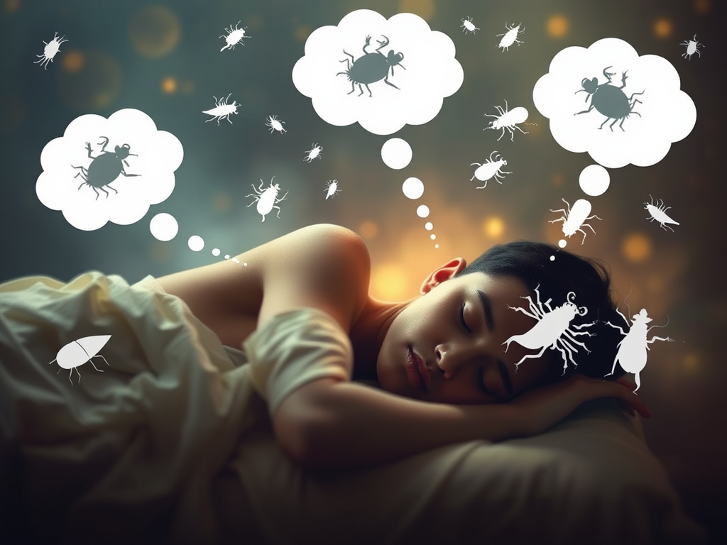 An ethereal, dreamy composition showing a sleeping person with thought bubbles containing stylized white lice silhouettes against a backdrop of mystical symbols from various cultures and spiritual traditions]