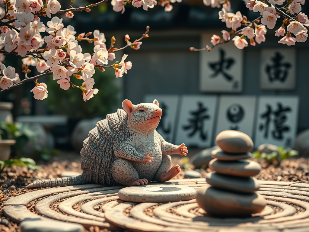 🛡️ Unlocking the Spiritual Wisdom of the Armadillo 6 Eastern Symbolism
Prompt: An armadillo meditating in a Zen garden surrounded by cherry blossoms and Eastern calligraphy, with yin-yang symbols and peaceful stones placed in spirals.