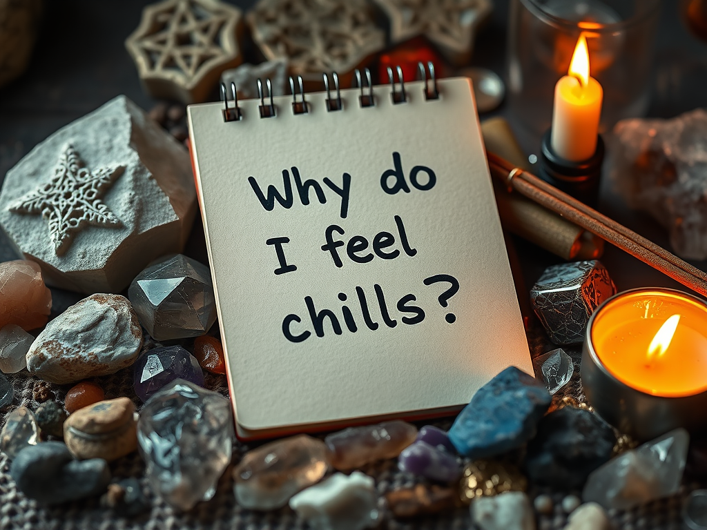 FAQ section: A notepad with "Why do I feel chills?" written at the top, surrounded by crystals, incense, and a candle – cozy, introspective – 1024x1024.
