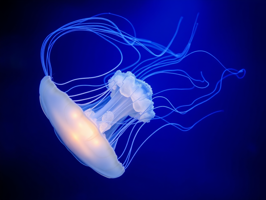 Featured Image Prompt: A luminous jellyfish drifting gracefully through deep blue ocean currents, its translucent body glowing softly, symbolizing serenity and spiritual flow.​