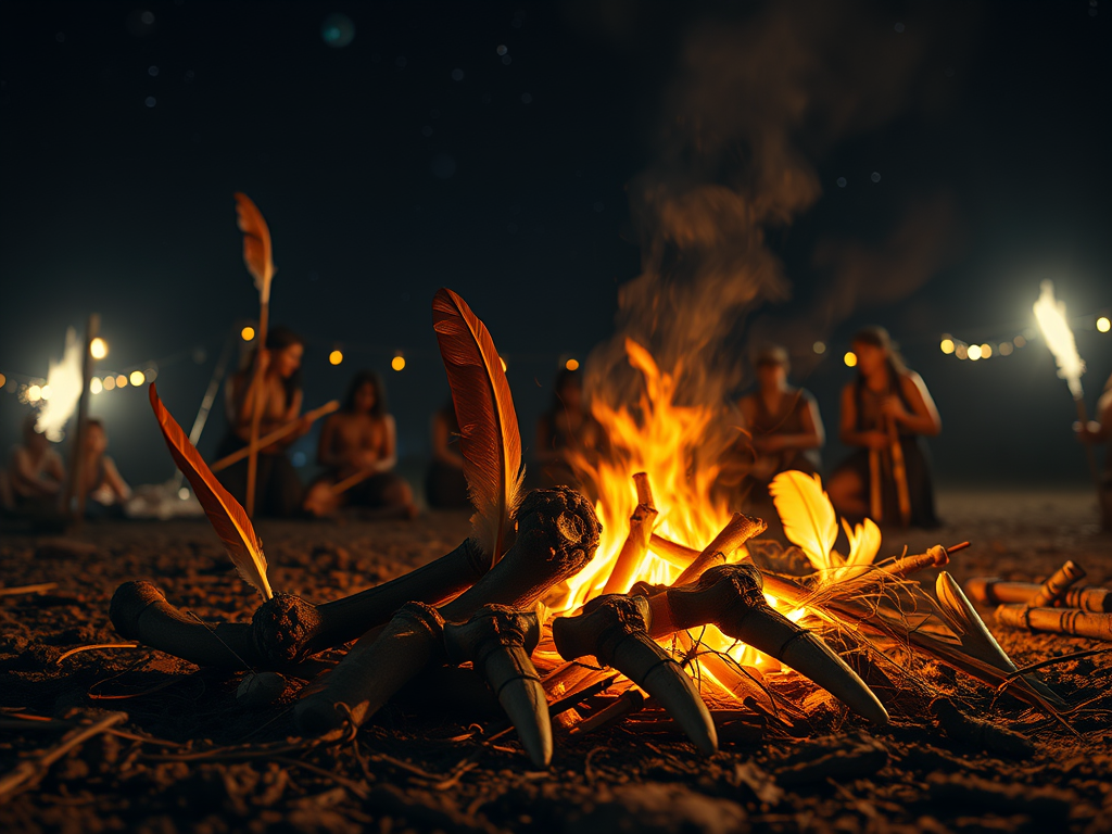 Bird Skull Spiritual Meaning Symbolism: Omens, Signs & Cultural Beliefs 18 Bird skull and feathers by fire, representing tribal ceremony and spiritual communication