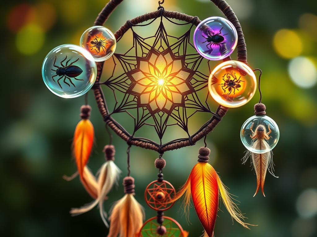 ![Image Prompt: A dreamcatcher with multiple dream bubbles showing different lice-related dream scenarios, with ethereal light connecting them to symbols of spiritual meaning and transformation]