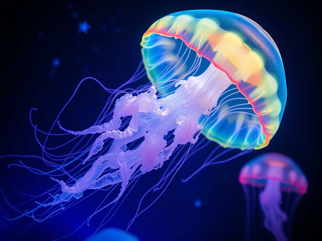 Image Prompt: A dreamlike scene with multiple glowing jellyfish floating through a cosmic, star-lit sea—symbolizing inner dreams and intuition.