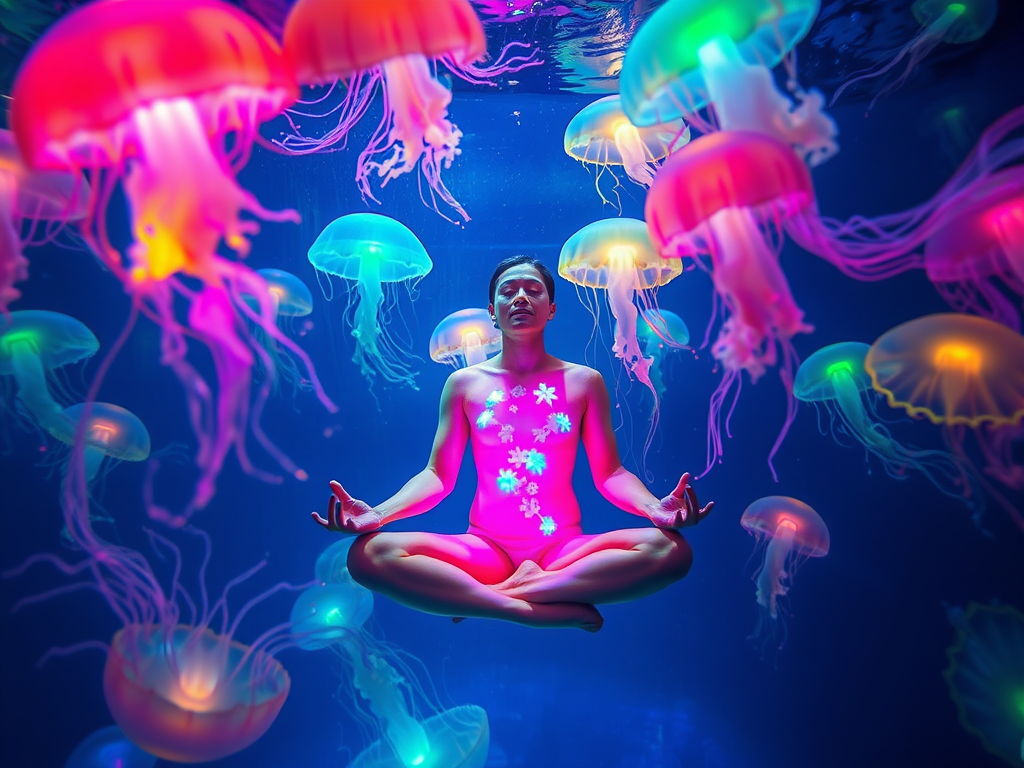 Image Prompt: A glowing jellyfish above a human meditating underwater, symbolizing connection to spirit guides and intuitive flow.