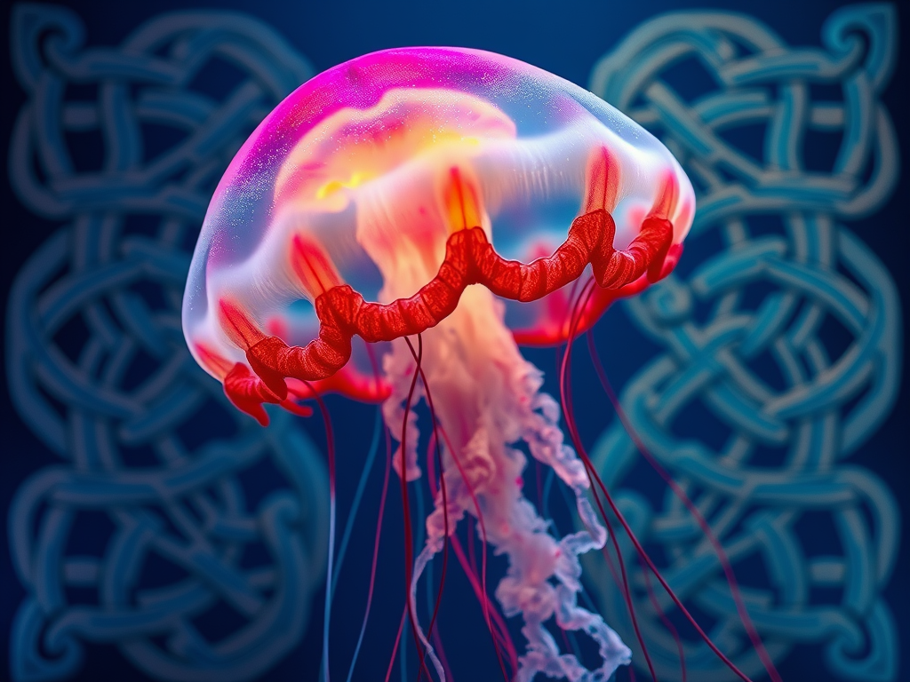 Image Prompt: A jellyfish set against Celtic knot patterns, representing interconnectedness.​