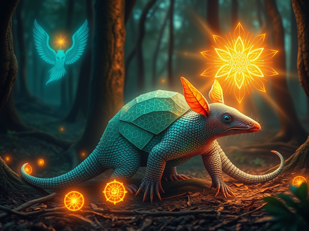 🛡️ Unlocking the Spiritual Wisdom of the Armadillo 15 Image Prompt: A majestic armadillo surrounded by glowing spiritual symbols in a sacred forest, evoking mystical energy and animal totem guidance.