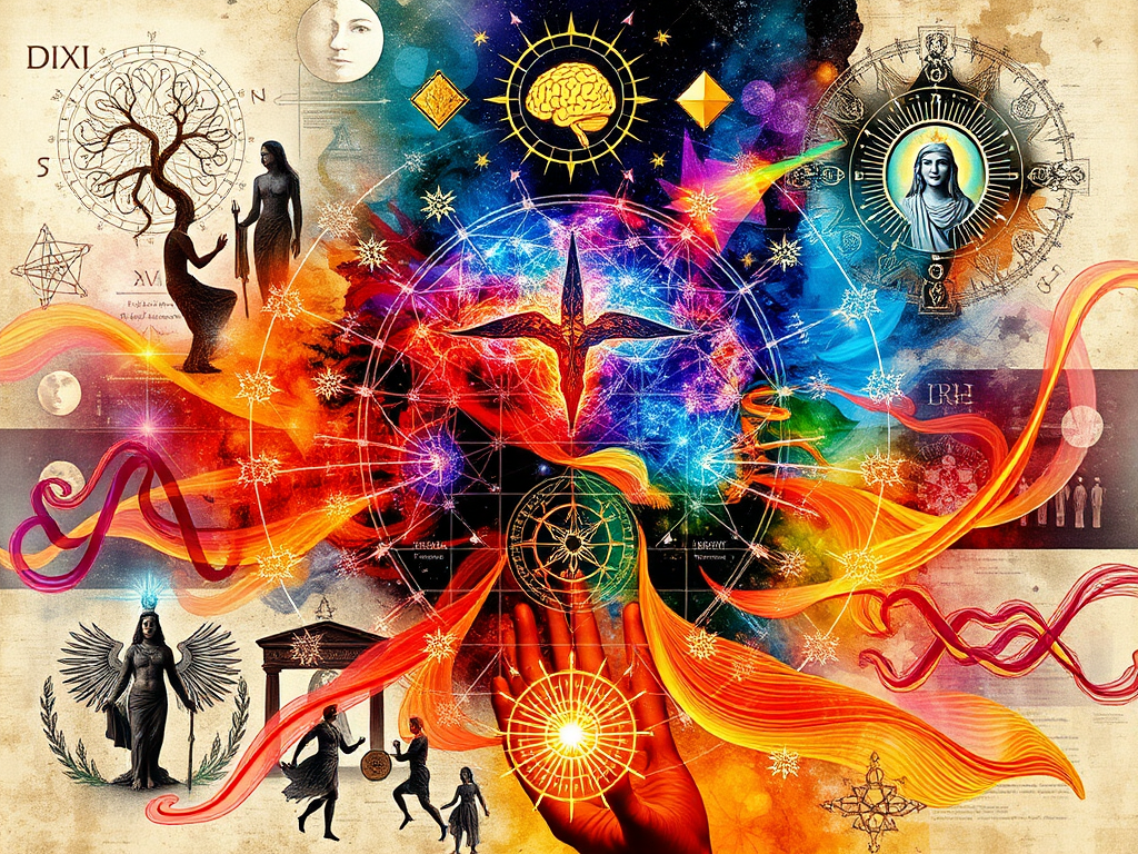 ![Image Prompt: A modern digital collage showing the integration of ancient spiritual symbols with neuroscience imagery, dream analysis charts, and holistic healing concepts, connected by flowing energy patterns]