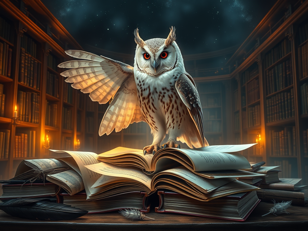 Image Prompt:
A mystical library filled with glowing scrolls and feathers, a barn owl perched atop a stack of ancient books under starlight. The atmosphere is filled with curiosity and divine wisdom.