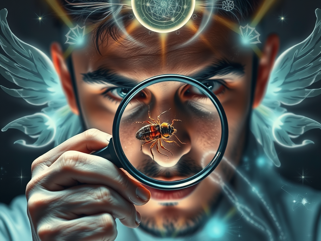 ![Image Prompt: A person examining a lice specimen with a magnifying glass while surrounded by spiritual symbols, with light rays highlighting the connection between physical reality and spiritual meanings]