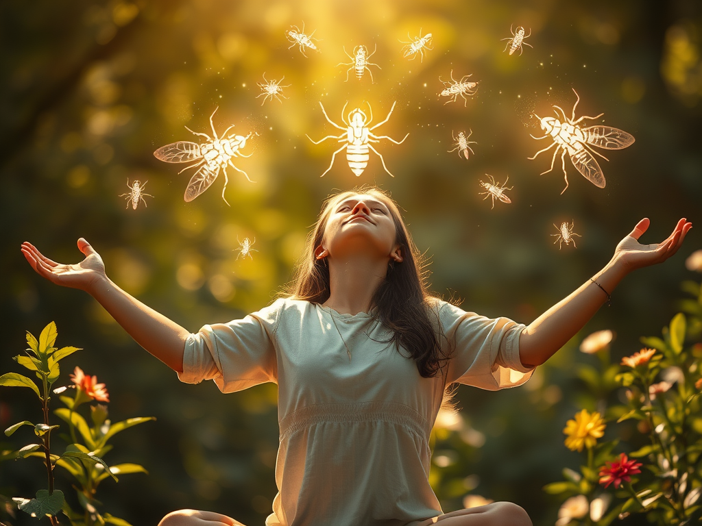 ![Image Prompt: A person standing in a peaceful pose with arms outstretched, transformed lice symbols rising away as light particles, surrounded by natural elements suggesting purification and spiritual growth]