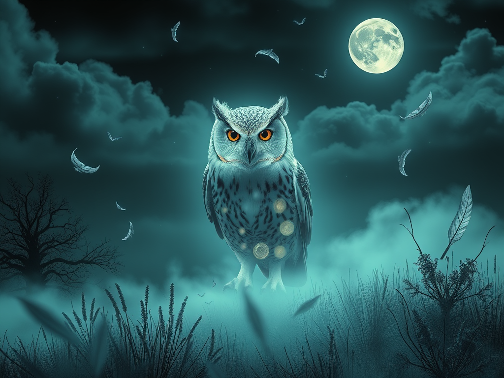 Image Prompt:
A surreal dreamscape with a glowing barn owl flying above a misty field under the full moon. Dream symbols like eyes, keys, and feathers float around it, hinting at hidden messages from the subconscious.