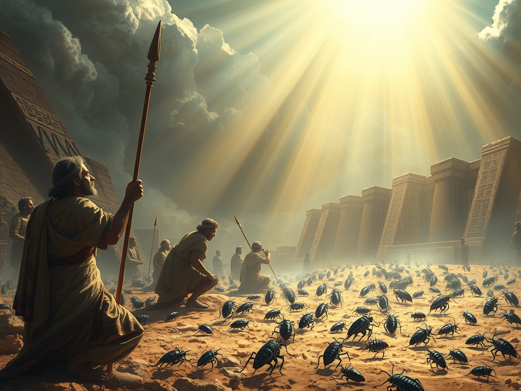 ![Image Prompt: An artistic rendering of the Biblical plague of lice with Moses standing with raised staff, Egyptian hieroglyphics in the background, and small lice spreading across the land while divine light streams from above]