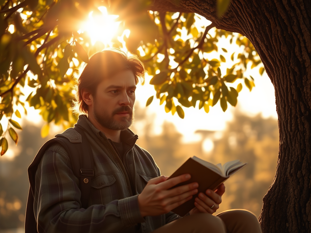 Image Prompt for Section: A figure journaling under a tree with soft golden light filtering through leaves.