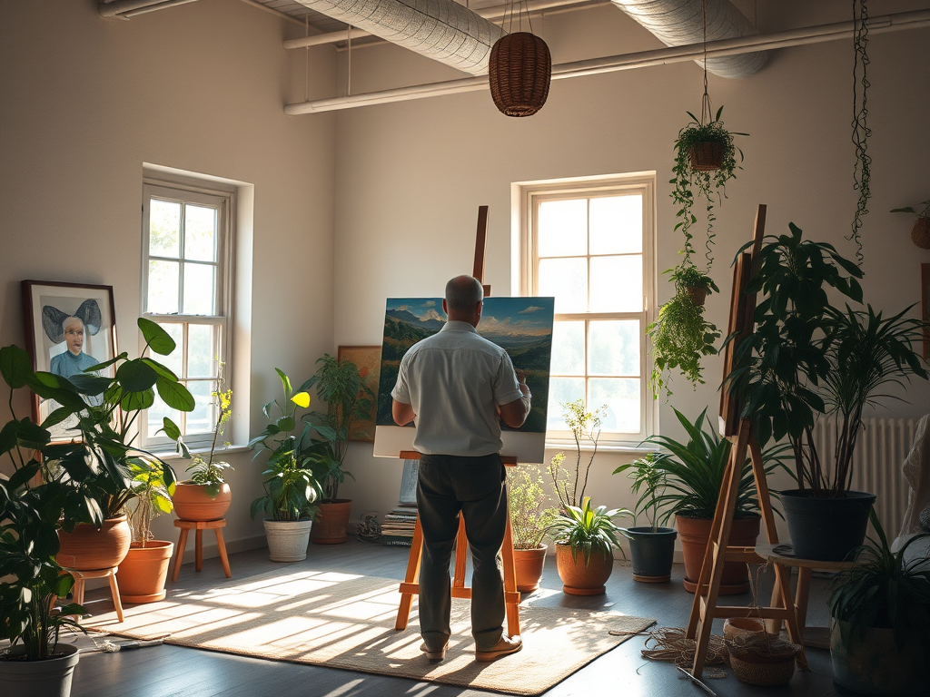 Image Prompt for Section: A lone artist painting in a quiet, sunlit studio filled with plants and open windows.