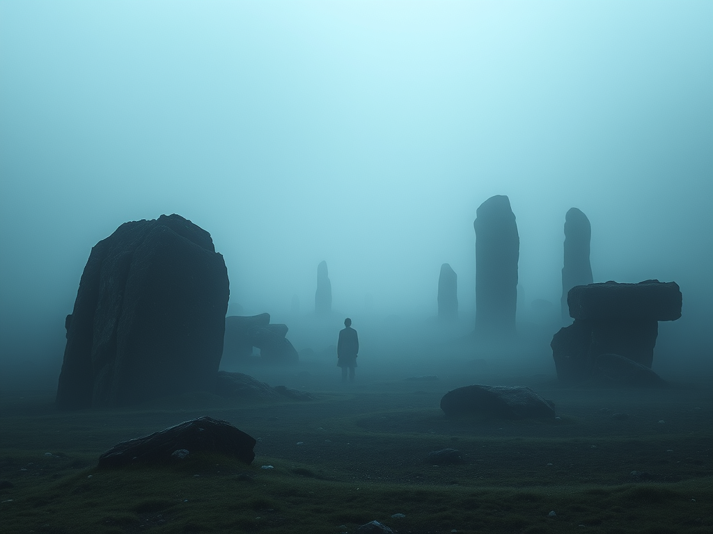 Image Prompt for Section: A misty Icelandic landscape with ancient stones, glowing faintly, suggesting the presence of hidden beings among the solitude.