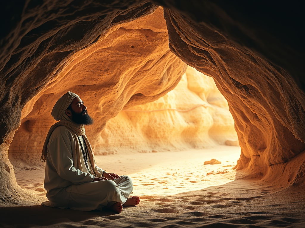 Image Prompt for Section: A Sufi practitioner meditating in a secluded desert cave, embodying the practice of Khalwa.​