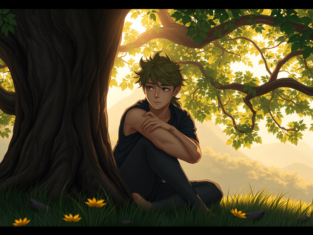 Image Prompt for Section: An illustration of Cinderlad sitting alone under a tree, contemplating his journey, with the Glass Hill in the background.​