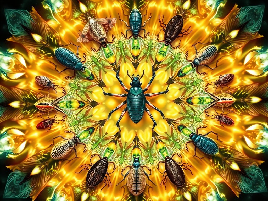 ![Image Prompt: Scientific illustrations of different lice species transformed into mystical creatures with symbolic elements, arranged in a mandala pattern with connecting spiritual symbols between them]