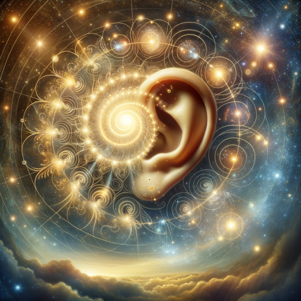 The Spiritual Meanings of Hearing Ringing in the Ears: Divine Downloads and Attunement 6 Image Prompt: An ear with golden light spirals, representing divine wisdom being downloaded.