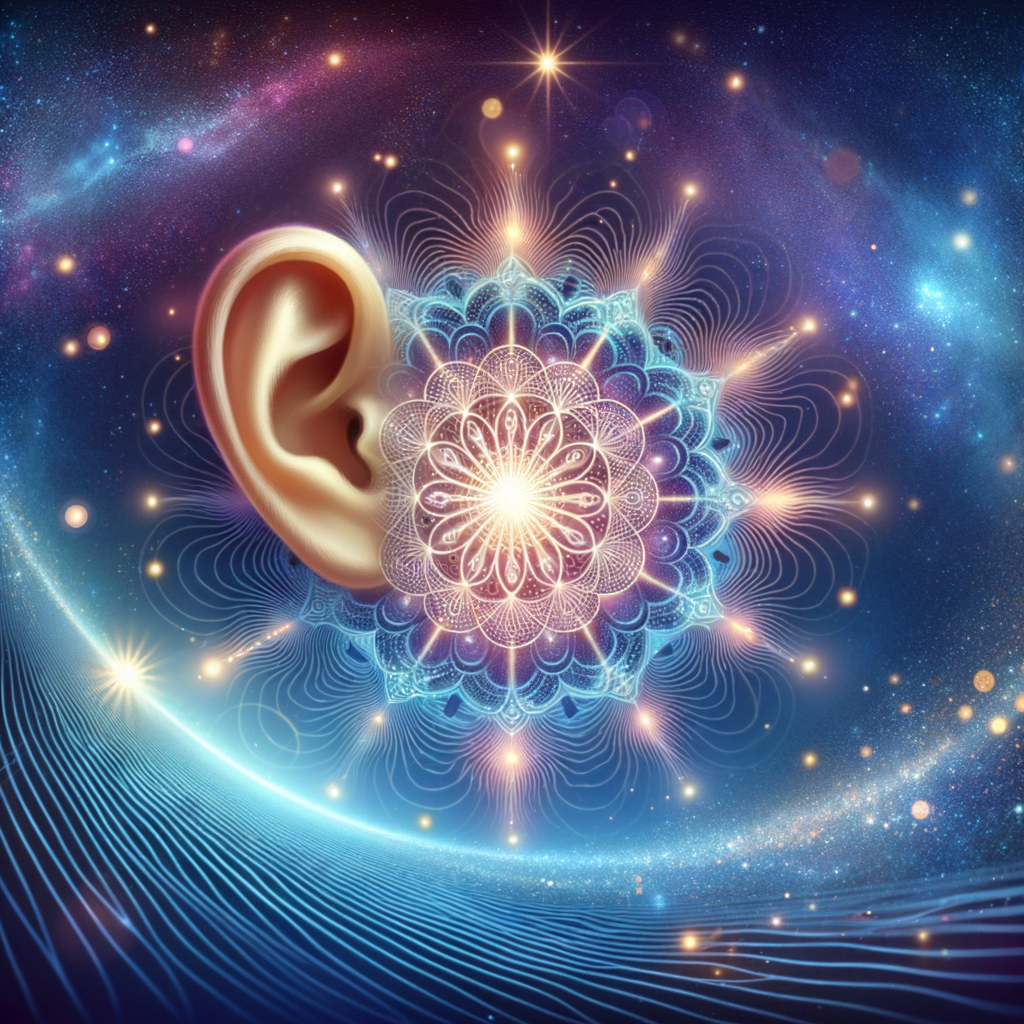 The Spiritual Meanings of Hearing Ringing in the Ears: Divine Downloads and Attunement 5 Image Prompt: Vibrational sound waves forming a sacred geometric pattern around an illuminated ear.