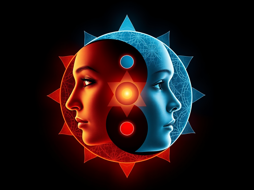 Integration: "Yin-yang symbol overlaid with human faces and chakra alignment in the background"