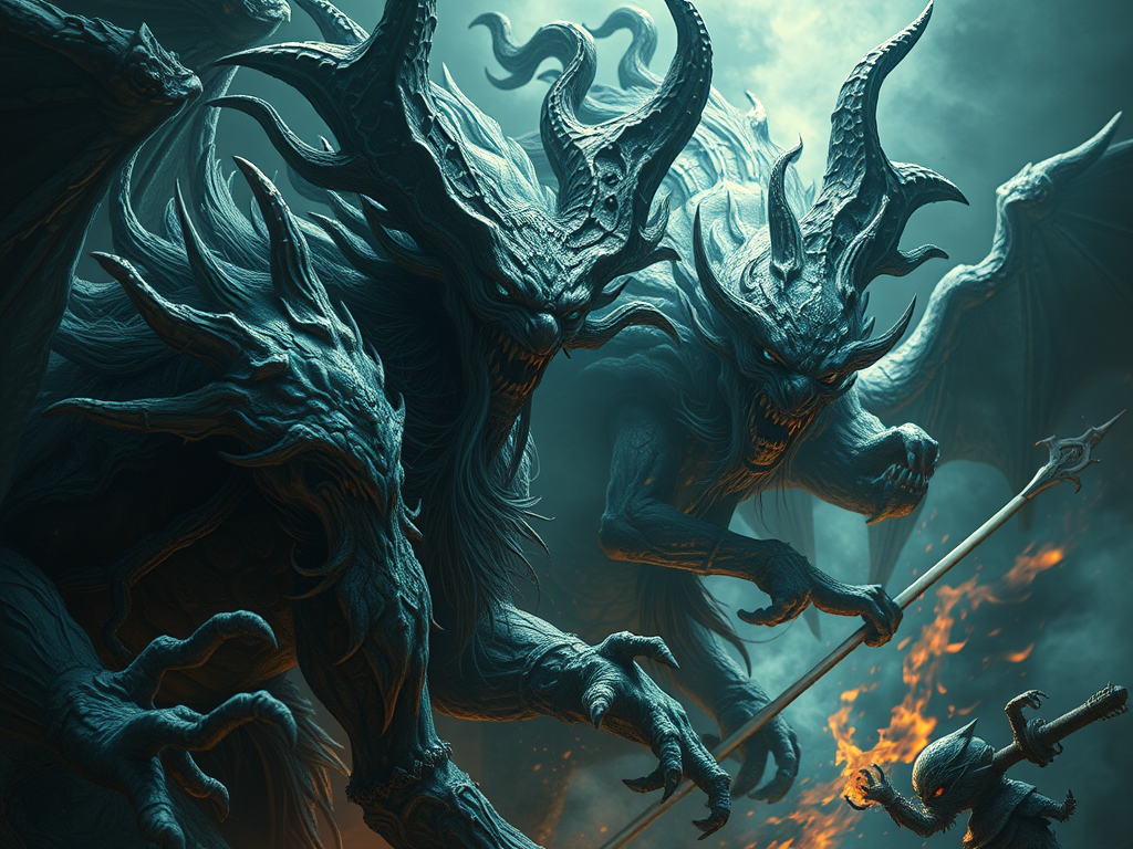 Mythology and Fear: "Ancient deities representing fear from various cultures—Phobos, Fáfnir, and a Taoist demon"