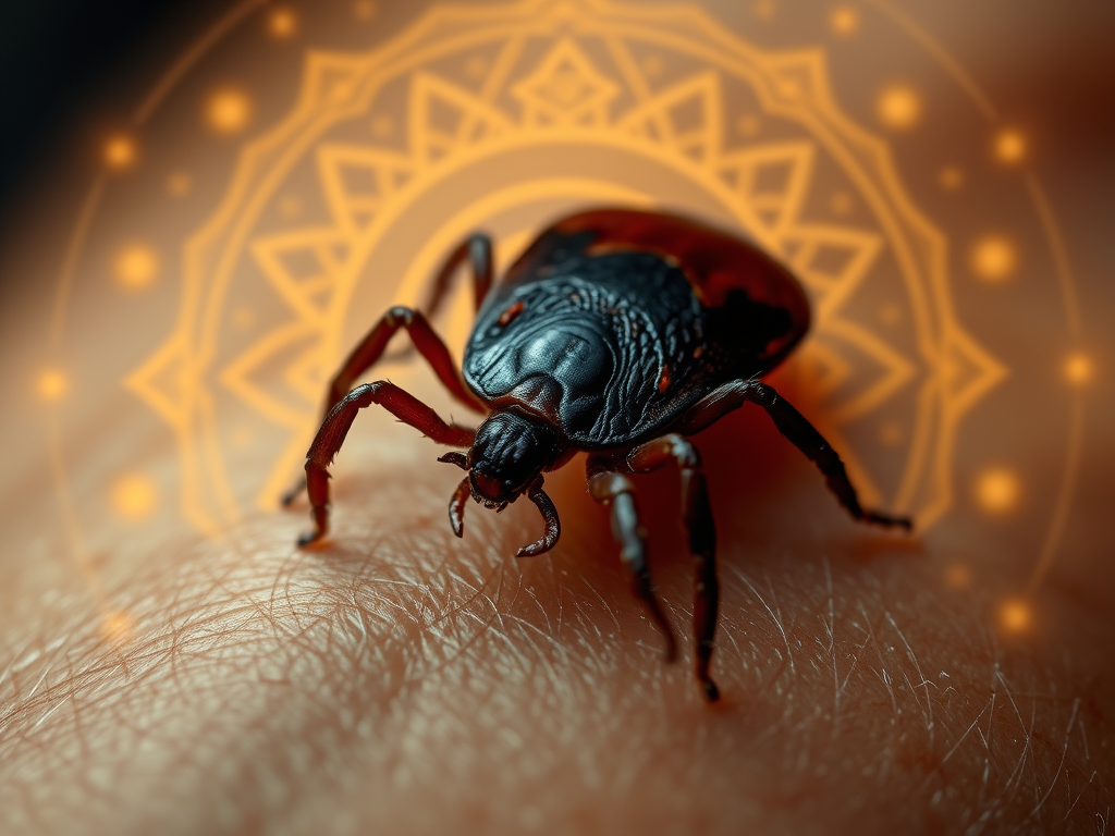 Prompt:
A close-up of a tick on human skin surrounded by glowing aura lines, with spiritual symbols like the Eye of Horus, chakra circles, and mandalas gently blended in the background. Color scheme: earthy with golden highlights. Mood: introspective, symbolic.