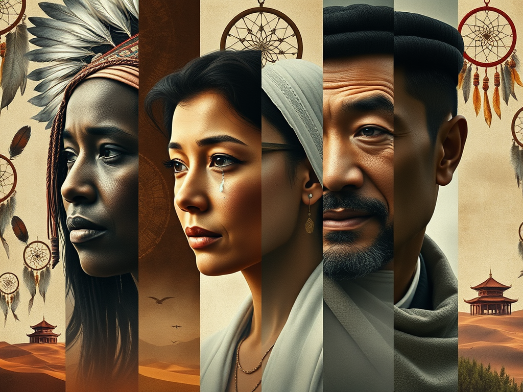 Prompt: A collage-style image featuring individuals from Native American, African, Chinese, and Middle Eastern backgrounds, each with a single tear falling. Behind each figure is a traditional spiritual backdrop: feathers and dreamcatchers, tribal patterns, Chinese temples, and sand dunes. Muted tones with a sacred atmosphere.

