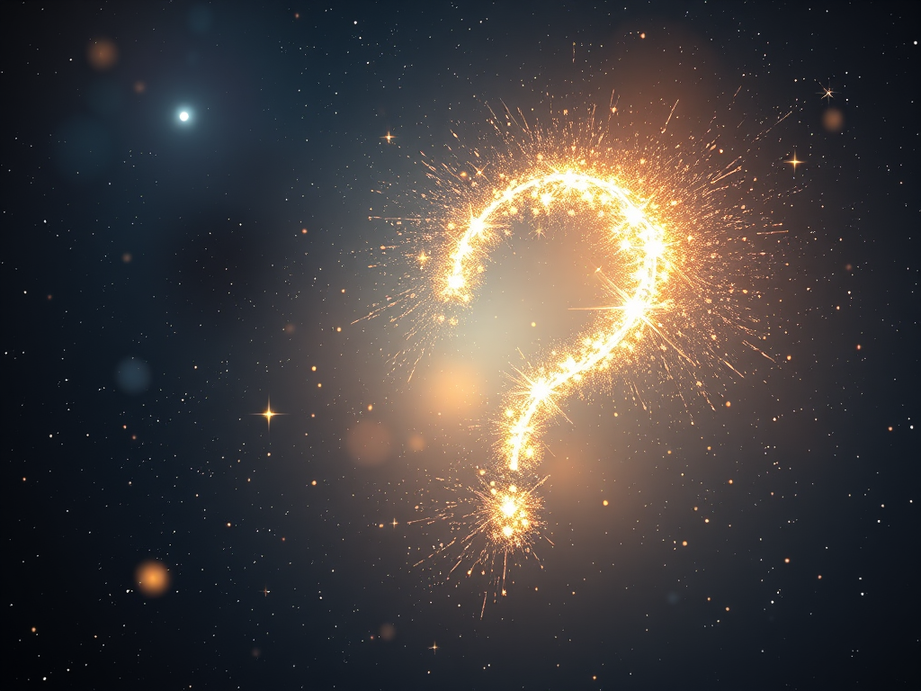 Prompt: A cosmic question mark formed from stardust, with droplets of light (tears) orbiting around it. Behind it is a horizon of light expanding, symbolizing answers and inner clarity. Dreamy celestial palette with soft glow, suggesting mystical inquiry and awakening.

